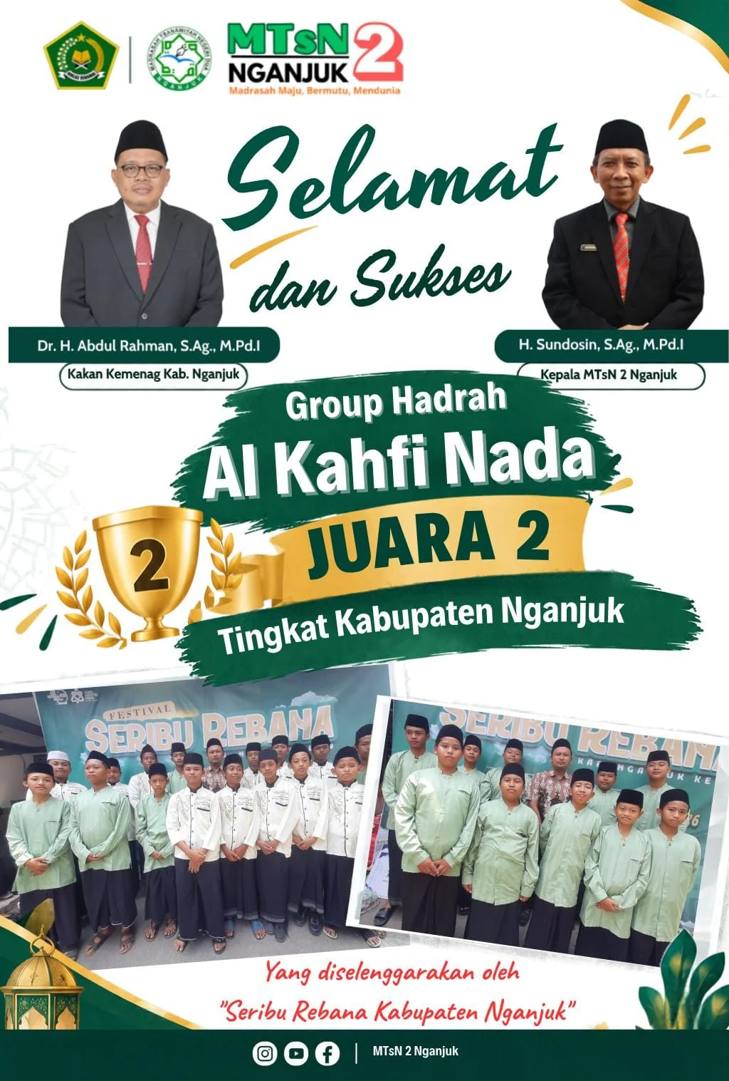 Grup Hadrah Al-Kahfi MTsN 2 Nganjuk Raih Juara 2 di Festival Seribu Rebana Kabupaten Nganjuk