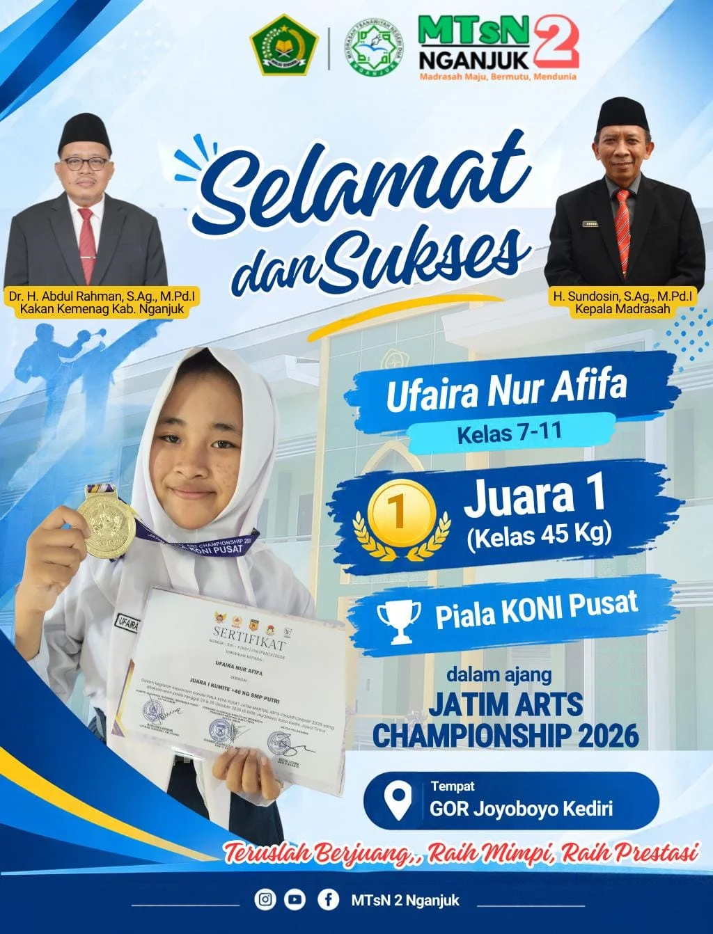 Sabet Juara 1 Karate Piala KONI Pusat, Ufaira Nur Afifa Harumkan Nama MTsN 2 Nganjuk